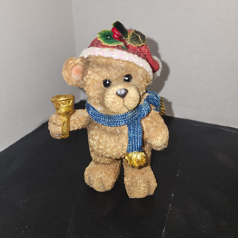 Christmas Teddy Bear Figurine – Santa Hat, Blue Scarf & Gold Bell